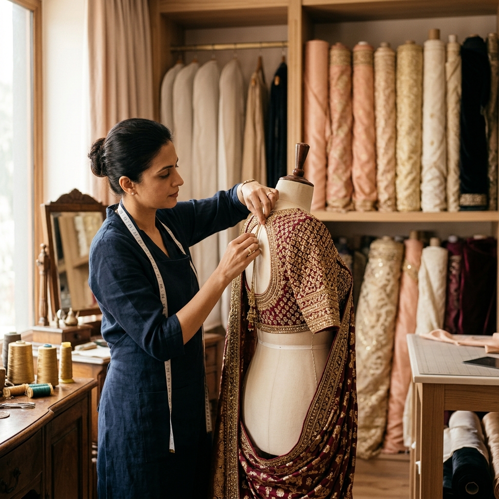 Professional artisan tailor at ViBEE carefully crafting an intricate custom bridal outfit