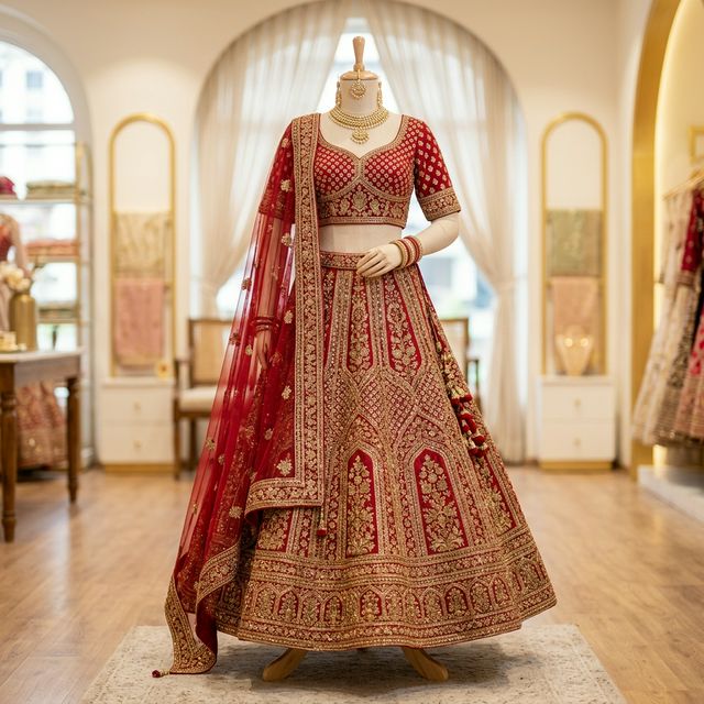 Custom bridal lehenga in royal red - ViBEE Gallery