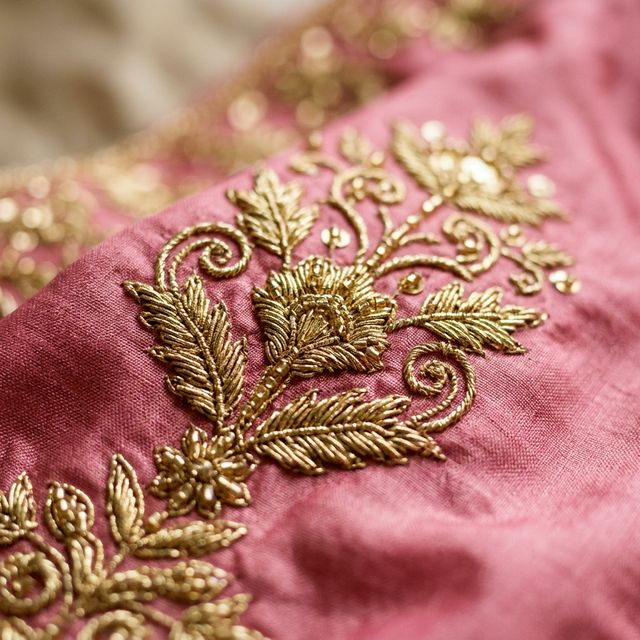 Intricate gold embroidery and couture zardosi work detail